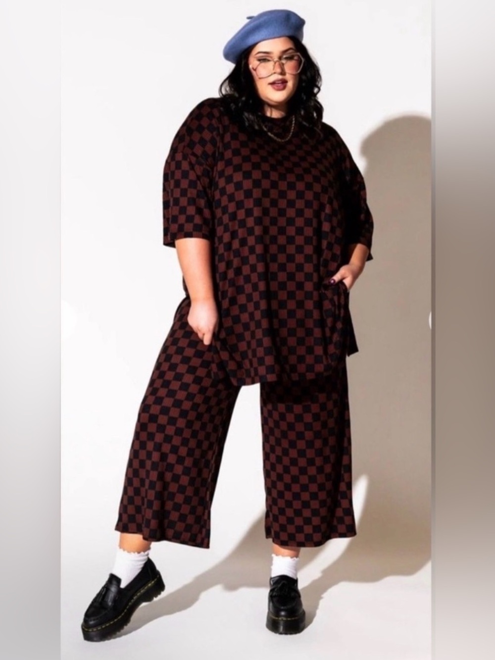 Dressed in LALA Lex Ribbed Play Suit Brown Checker XL